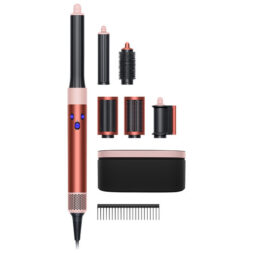 Fer à boucler Airwrap Styler de Dyson, séchoir lissant Coanda, cylindre long Airwrap de 30 mm, cylindre long Airwrap de 40 mm, brosse à lisser ferme, brosse à lisser douce, brosse volumatrice ronde, brosse de nettoyage du filtre et étui de présentation.