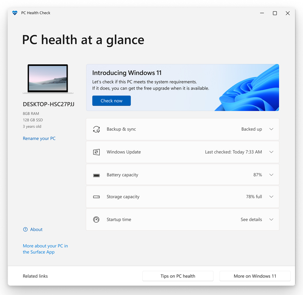 Capture d'écran montrant l'application Contrôle d'intégrité du PC pour la compatibilité avec Windows 11.