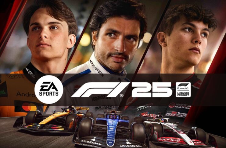 F1 25 video game banner image featuring the game logo and three drivers and three cars